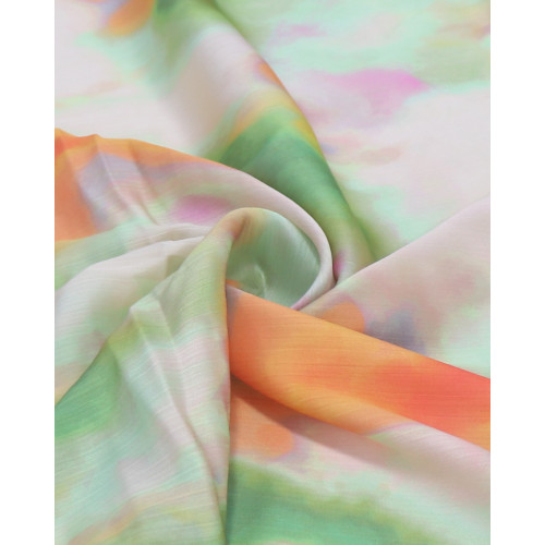 Tecido Crepe Chiffon Italiano Texturizado Acetinado Pintura Abstrata Laranja e Verde