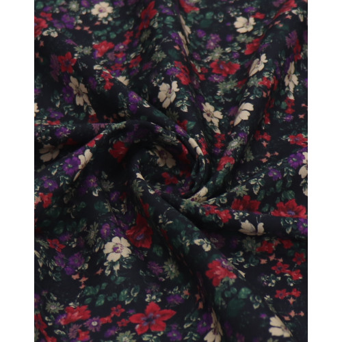 Tecido Viscose Italiano Tapete Floral Vermelho, Roxo e Preto