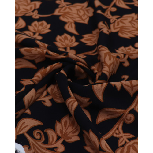 Tecido Crepe Koshibo Ramos e Flores Cobre e Preto