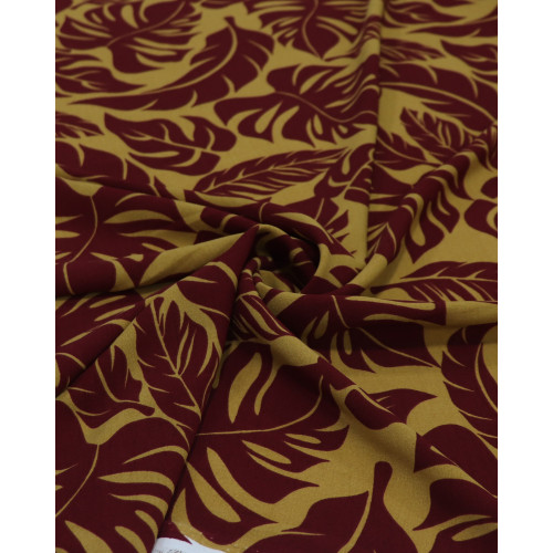 Tecido Crepe Koshibo Macro Folhagens Marsala e Amarelo Mostarda (0.5m)