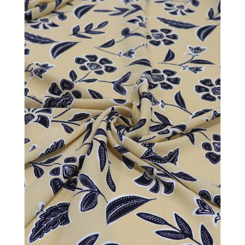 Tecido Crepe Koshibo Floral Étnico Preto e Amarelo Requinte