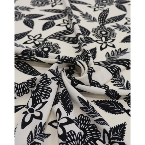 Tecido Crepe Koshibo Pintura Floral Pontilhada Preto e Creme
