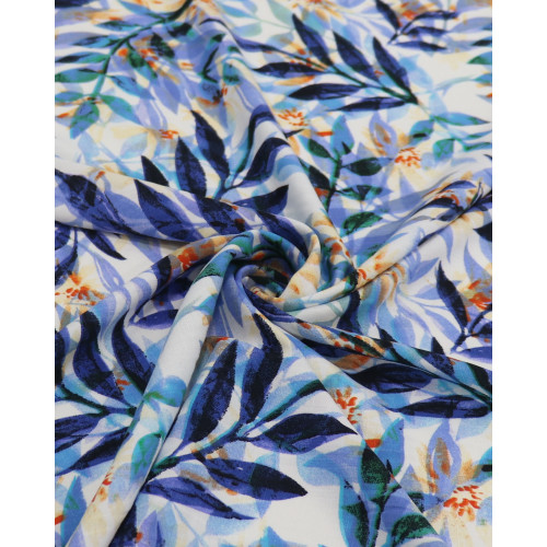 Tecido Viscose Texturizada Ramos Sobrepostos Tons de Azul