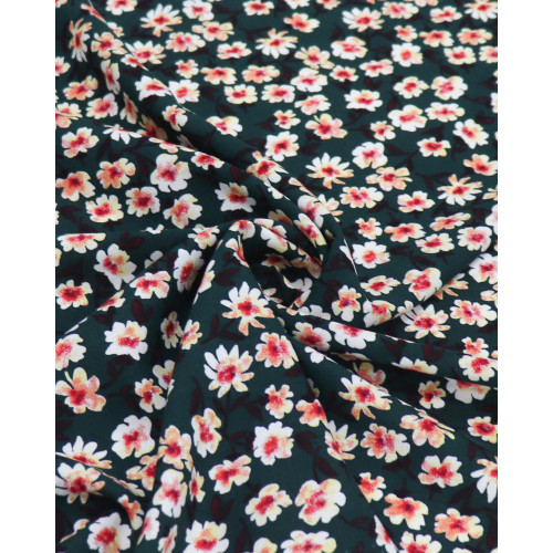 Tecido Viscose Texturizada Tapete Floral Salmão e Verde Esmeralda