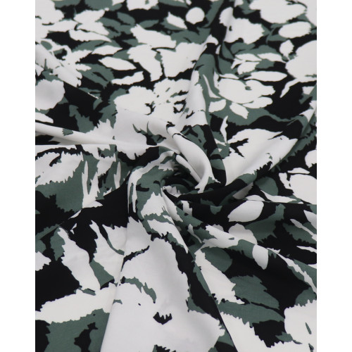 Tecido Viscose Macro Flores Branco, Verde e Preto