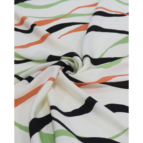 Tecido Viscose Texturizada Listras Onduladas Preto, Verde e Coral