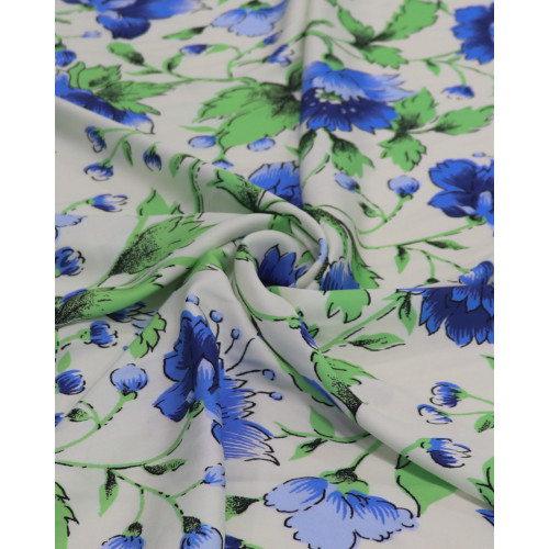 Tecido Viscose Italiano Flores Azuis, Verde e Creme