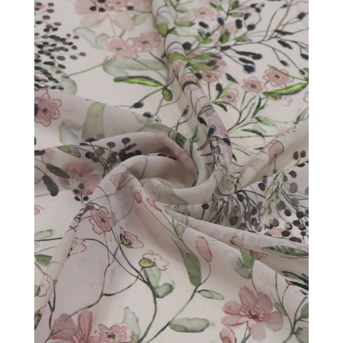 Tecido Crepe Chiffon Italiano Multi Ramos Florais Verde, Rosé e Nude