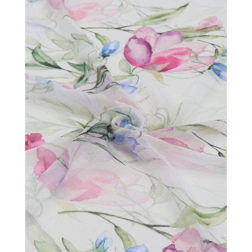 Tecido Crepe Chiffon Italiano Texturizado Macro Ramos Florais Colorido e Branco