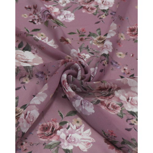 Tecido Crepe Chiiffon Italiano Buquê Floral Tons de Rosa e Framboesa