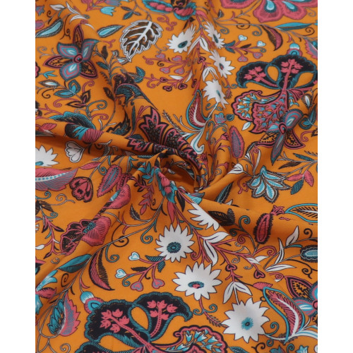 Tecido Viscose Fina Italiano Tapete Floral Colorido e Laranja