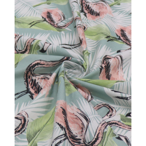 Tecido Tricoline Italiano Flamingos e Folhagens Verde, Branco e Rosa