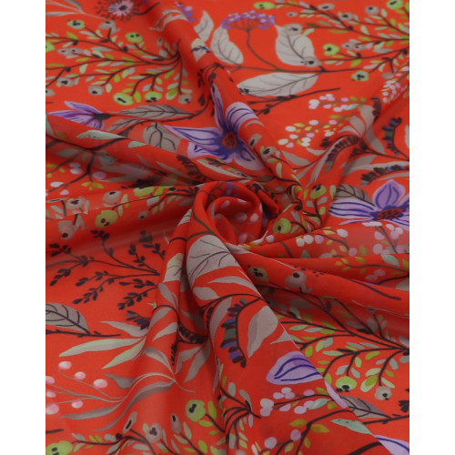 Tecido Crepe Chiffon Italiano Ramos Florais Lavanda e Vermelho