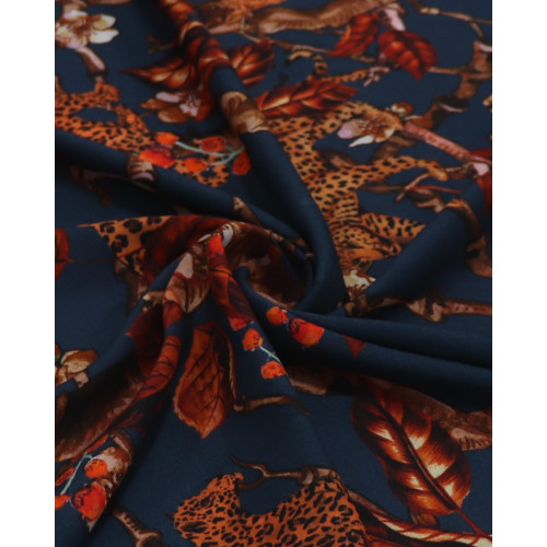 Tecido Viscose Italiano Estampada Selvagem Laranja e Azul Petróleo