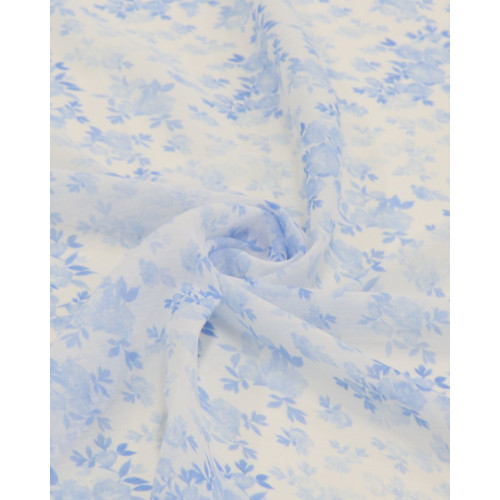 Tecido Crepe Chiffon Italiano Texturizado Ramos Florais Tons de Azul e Branco