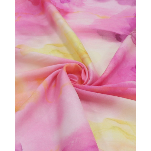 Tecido Viscose Italiano Pintura Abstrata Amarelo, Laranja e Rosa