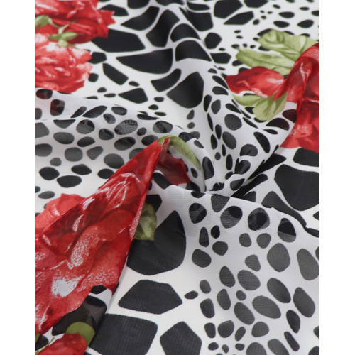 Tecido Crepe Chiffon Italiano Macro Flores Vermelhas e Formas Abstratas P/B