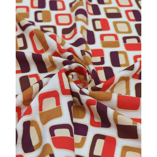 Tecido Viscose Italiano Geométrico Vermelho, Caramelo e Roxo
