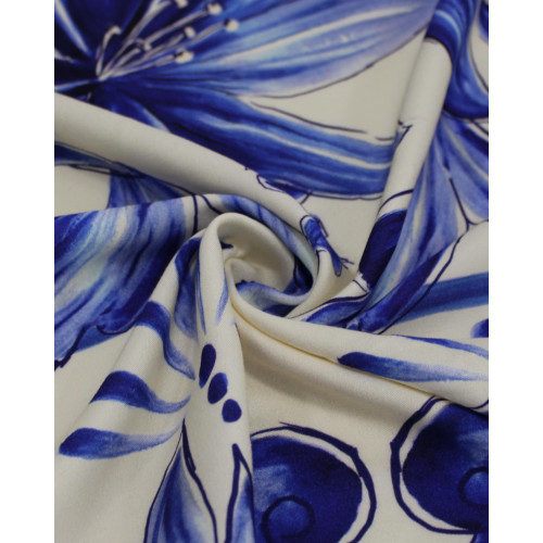 Tecido Viscose Premium Barrado Macro Floral Azul e Offwhite