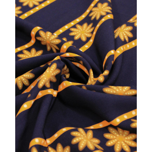 Tecido Viscose Pretmium Flores em Listras Palha, Laranja e Preto