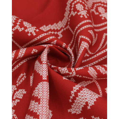 Tecido Viscose Premium Listras e Estampa Ponto Cruz Floral e Araras Branco e Vermelho