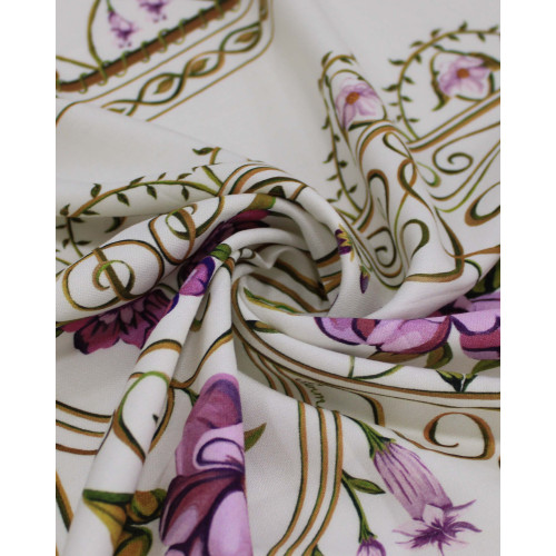 Tecido Viscose Premium Macro Listras Estampadas Florais Roxo, Verde e Creme