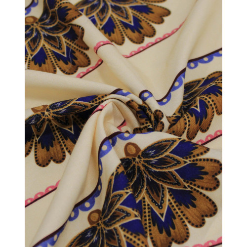 Tecido Viscose Premium Listras Estampadas Florais Caramelo, Azul e Creme