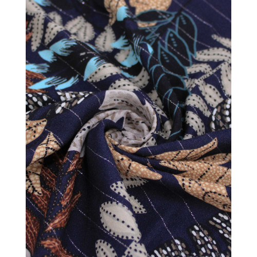 Tecido Viscose Premium com Lurex Estampa Macro Folhas Pontilhadas Colorido e Azul Marinho