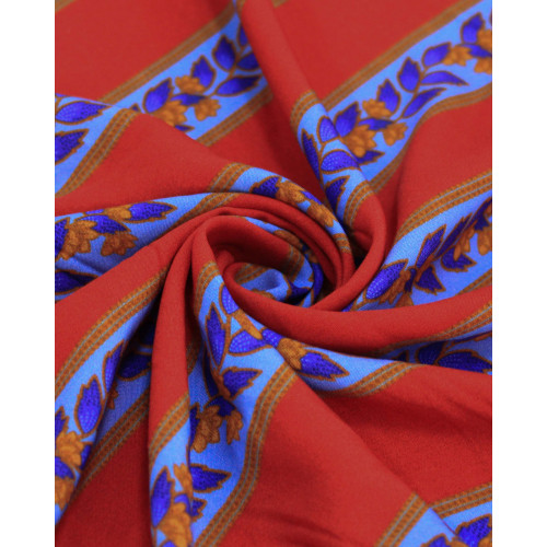 Tecido Viscose Premium Listras em Ramos Florais Laranja, Tons de Azul e Vermelho