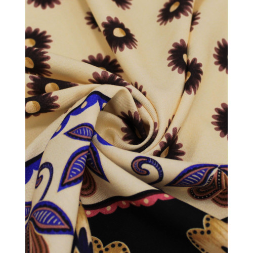 Tecido Viscose Sarjada Premium Barrado Duplo Floral Colorido e Creme