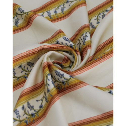 Tecido Viscose Premium Listras Florais Azul, Tons Terrosos e Creme