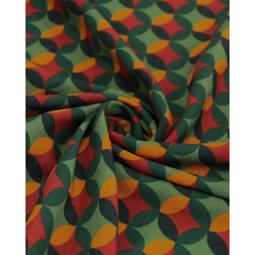 Tecido Viscose Premium Poá Estampado Marsala, Laranja e Tons de Verde