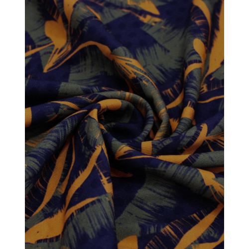 Tecido Crepe de Viscose Texturizada Premium Folhagens Abstratas Laranja, Verde e Preto