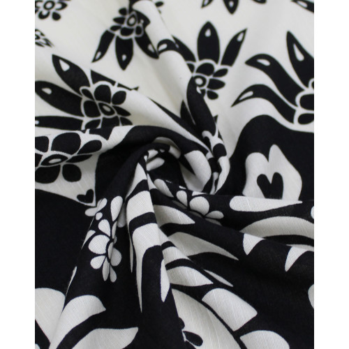 Tecido Linho Misto Premium Barrado Duplo Tropical Absrato Preto e Creme