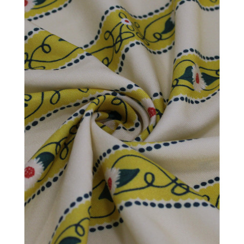 Tecido Viscose Sarjada Premium Listras Florais Amarelo, Verde e Creme