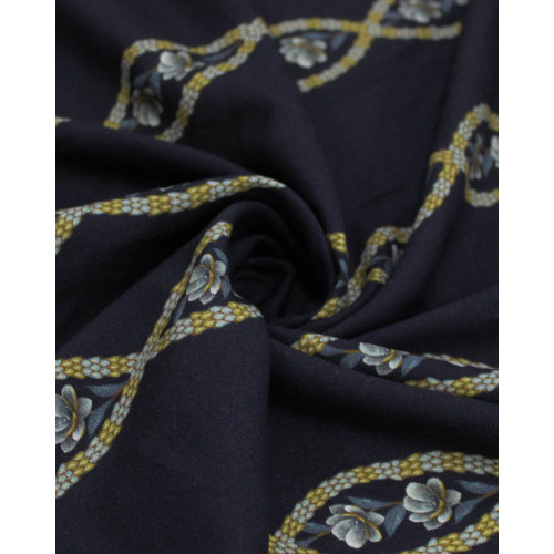 Tecido Viscose Premium Listras Florais Trançadas Amarelo, Tons de Cinza e Preto