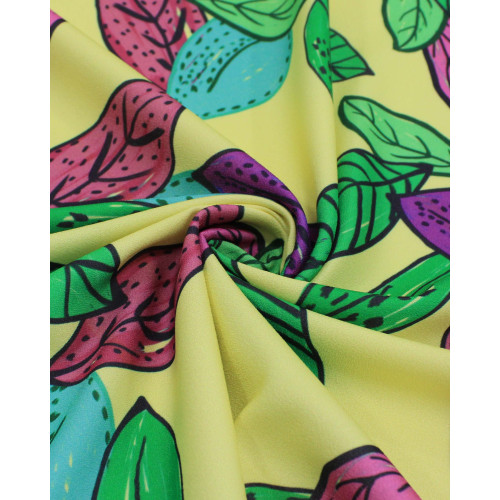 Tecido Crepe Salinas Sarjada Folhas Coloridas e Amarelo Maneiga