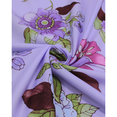 Tecido Crepe Silk Ramos Florais Colorido e Lilás