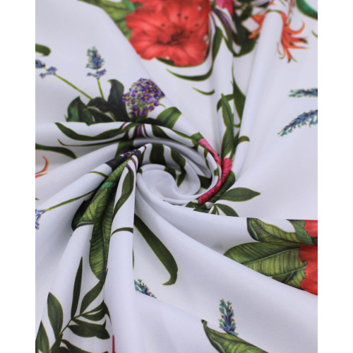 Tecido Crepe Silk Ramos Florais Colorido e Branco
