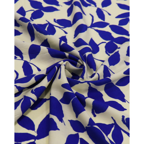 Tecido Viscose Folhas Azul Bic e Creme