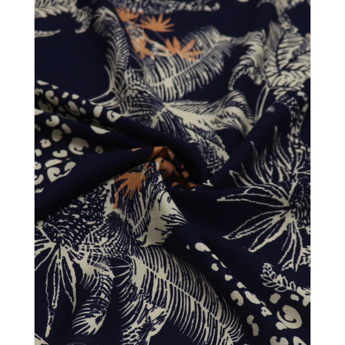Tecido Viscose Texturizada Estampa Fauna e Flora Bege e Azul Marinho
