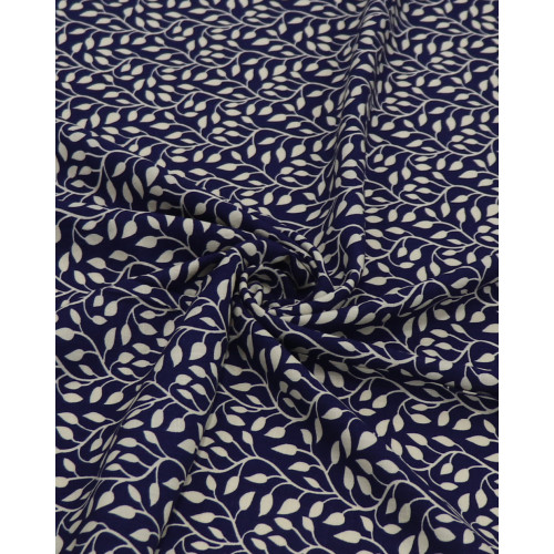 Tecido Viscose Texturizada Ramos Ondulados Creme e Azul Marinho