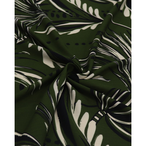 Tecido Viscose Texturizada Macro Folhagens e Pontos Bege, Preto e Verde Oliva