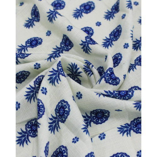 Tecido Viscose Texturizada Premium Abacaxi Esstampado e Flores Azul e Offwhite