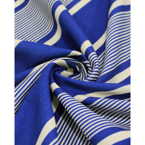 Tecido Linho Misto Rústico Multi Listras Creme e Azul Anoitecer