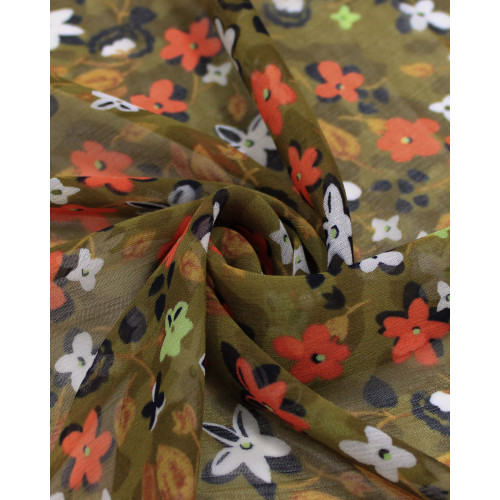 Tecido Crepe Chiffon Campo Floral Colorido e Caramelo