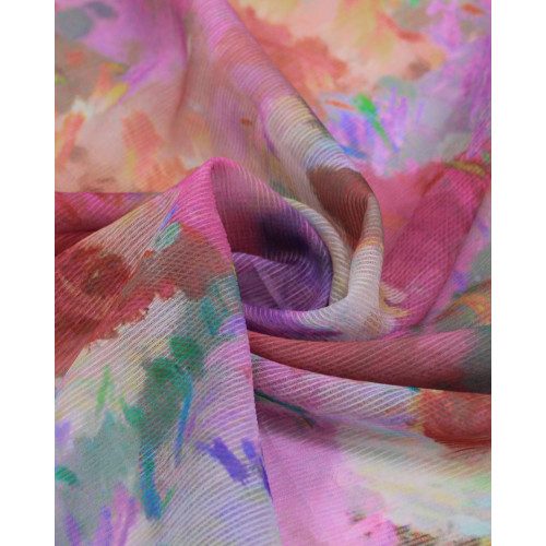 Tecido Crepe Chiffon Texturizado Campo Floral Abstrato Colorido e Tons de Rosa