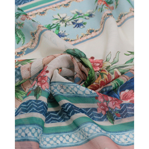 Tecido Crepe Chiffon Texturizado Multi Listras Florais Colorido