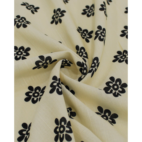 Tecido Tricoline Mista Verano Flamê Premium Estampa Flores Étnicas Preto e Creme