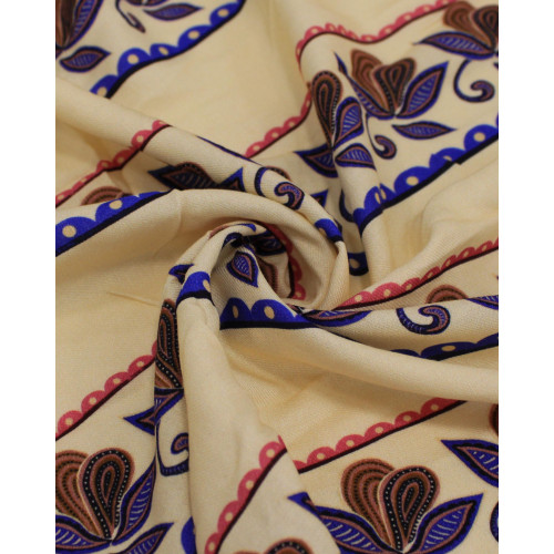 Tecido Viscose Sarjada Premium Listras e Ramos Azul, Castanho e Creme